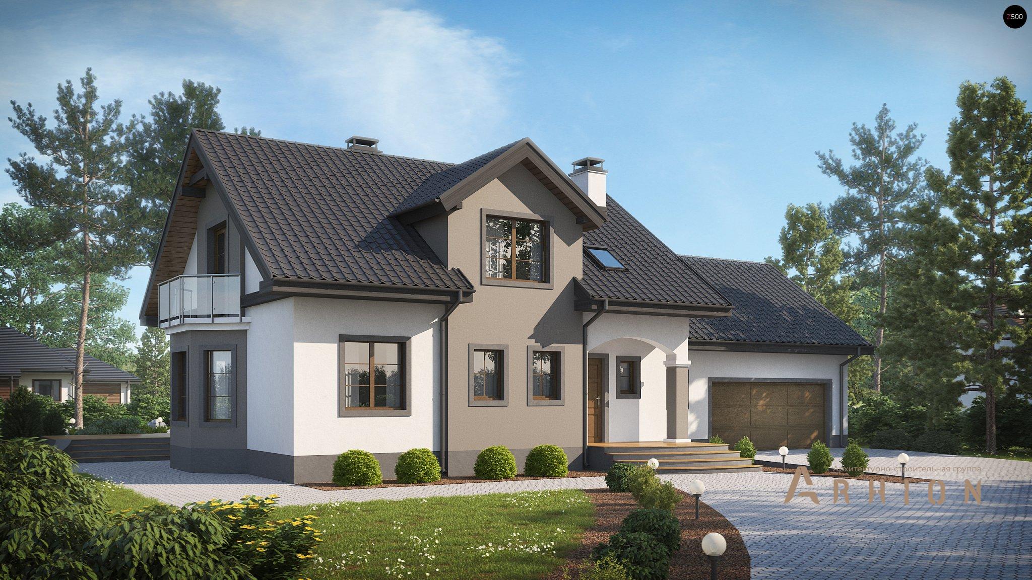 1. Проект одноэтажного дома в альпийском стиле с двускатной кровлей, Z28 L GP2, площадью - 259 кв c мансардой, терассой, балконом, гаражом, эркером